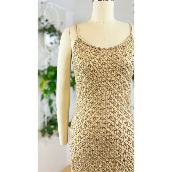 Vintage 2000s Party Dress Y2K CACHE Metallic Gold Crochet Spaghetti Strap Slip - Picture 8 of 11